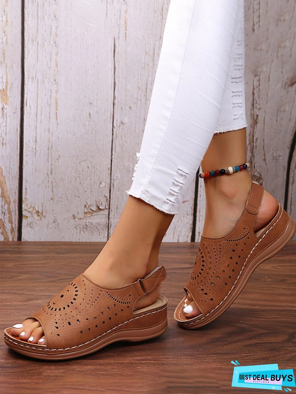 Ethnic Pattern Punched Hollow Velcro Vintage Sandals