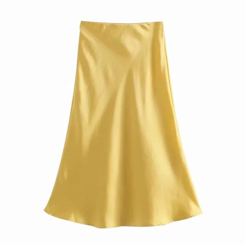 Solid Satin Elastic waist Women Midi Skirt 2020 New Fashion Casual Lady Slim A-Line Skirts P1596