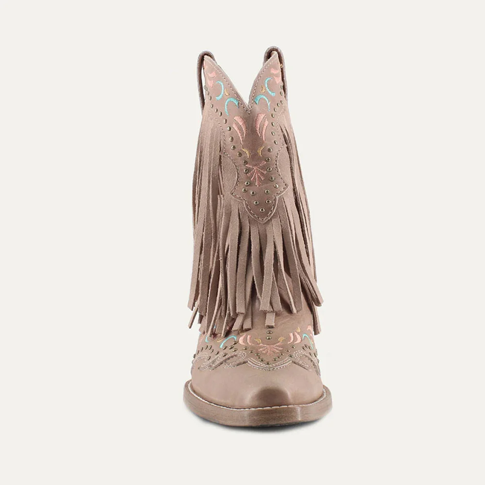 Light Brown Studded Snip Toe Fringe Embroidery Western Boots for Women
