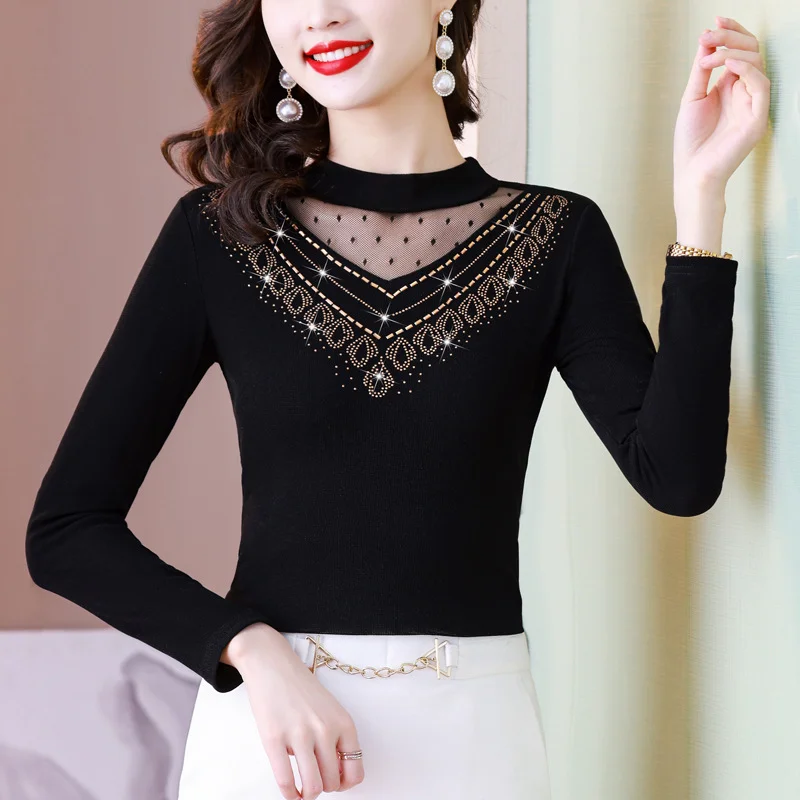 Toloer Toloer Photo # Autumn / Winter Long Sleeve And Velvet Top Women's High-End T-Shirt With A Versatile Lace Bottom Shirt-Outfit Ideas