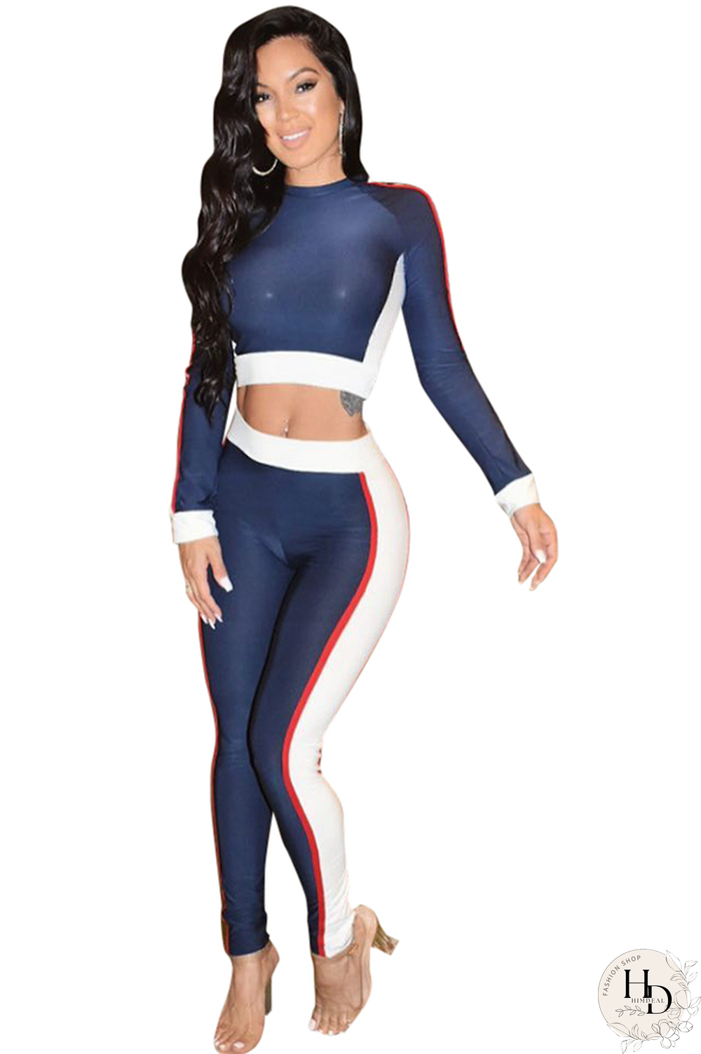 Navy Blue Elastic Fly Long Sleeve Mid Patchwork pencil Pants Two-piece suit