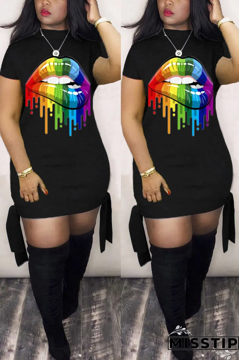 Black Fashion Lips Print Short Sleeve Dress