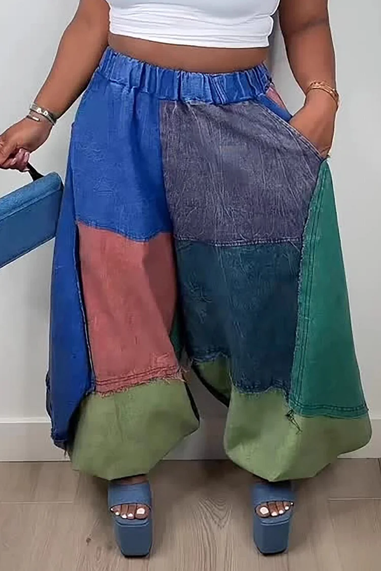 Elastic Waist Colorblock Denim Wide Leg Casual Jeans-Blue