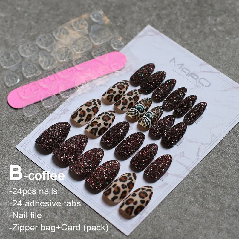 Matte tiger Nail Acrylic Fake nail black box Leopard Accent Press on Nails coffee flash stiletto false nails brown glitter Gold-Nail Inspo