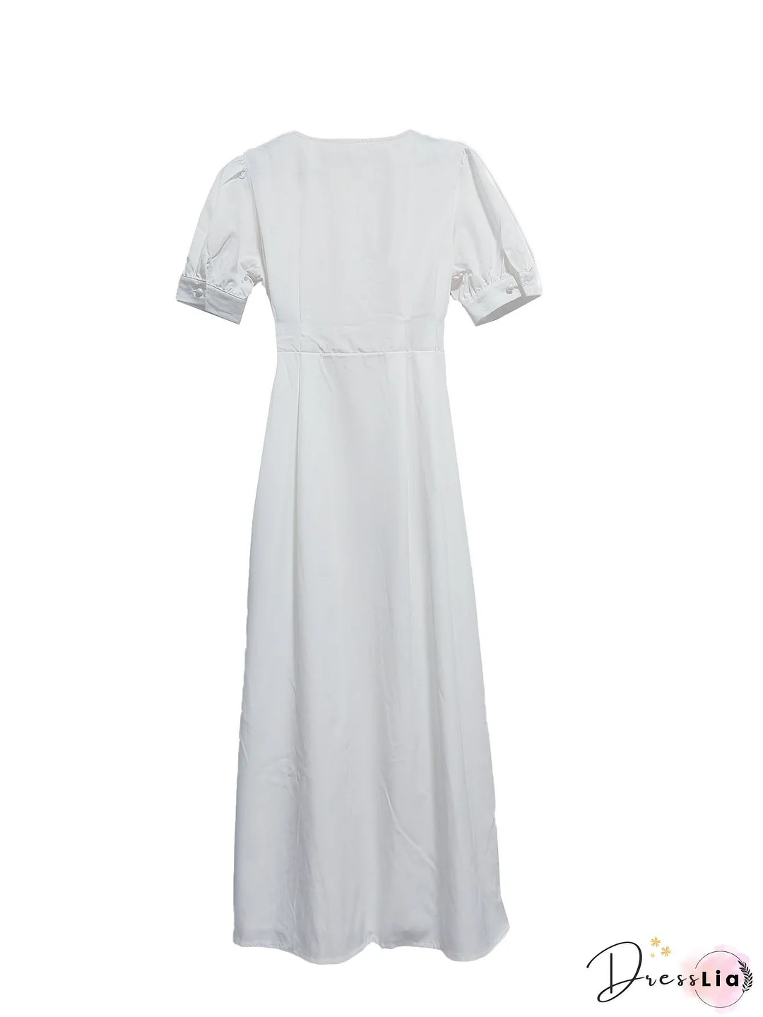 Women Stain Swing Long Dress Belted Puff Short Sleeve V Neck Loose Casual Party Cocktail Dress Vestidos