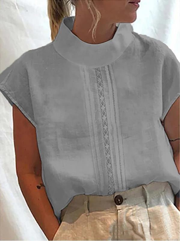 Women's Lace Stitching Round Neck Short Sleeved Casual Linen Top