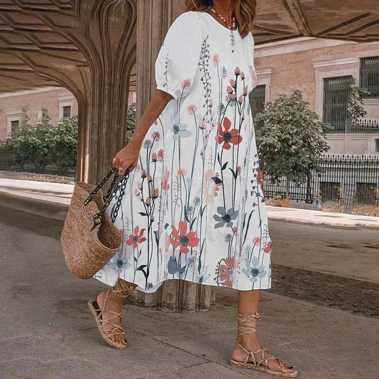 Fashion Casual Round Neck A-Line Bohemian Elegant Floral Loose Office Midi Dress