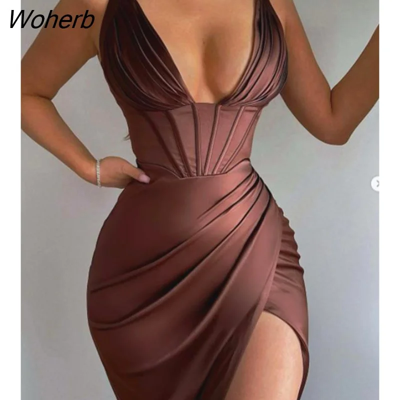 Woherb Women Summer Satin Ruched High Slit Corset Party Dress Femme Sexy V-Neck Midi Spaghetti Strap Dress Night Out Outfits Clothing