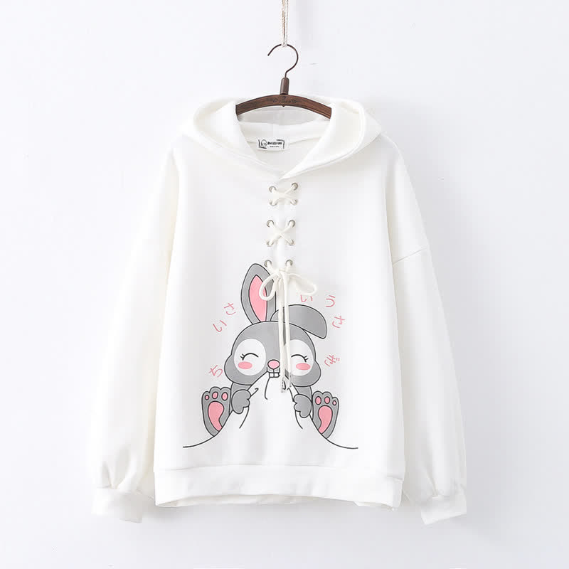 Cartoon Rabbit Print Lace Up Loose Plush Hoodie