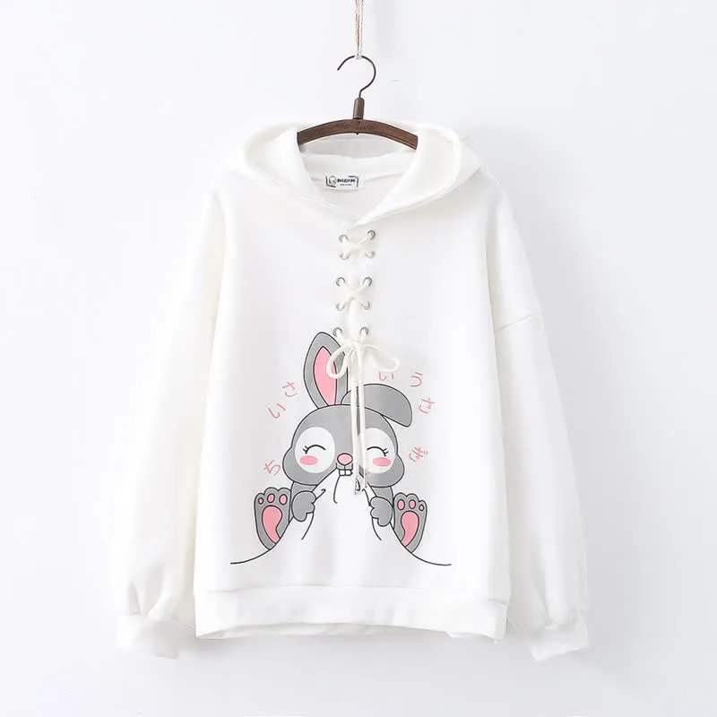Cartoon Rabbit Print Lace Up Loose Plush Hoodie