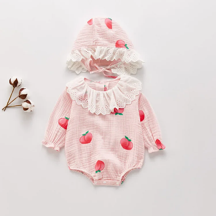 Baby Peach Flounce Collar Bodysuit with Hat