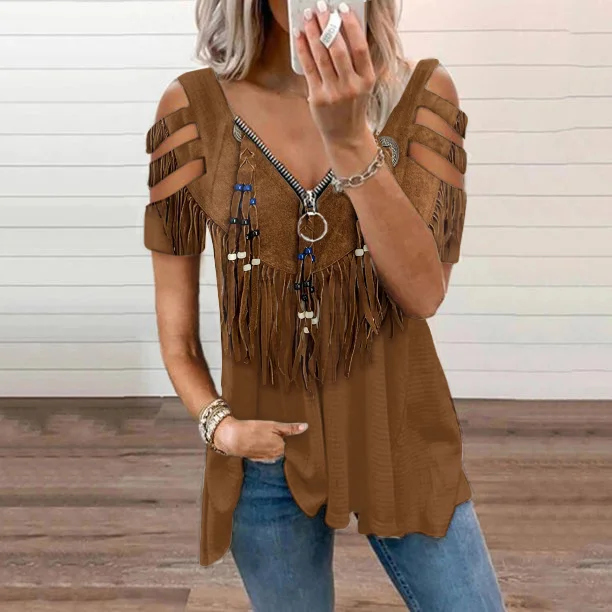 Women's Tassels Button Art V Neck Hollow Out Casual T-Shirt