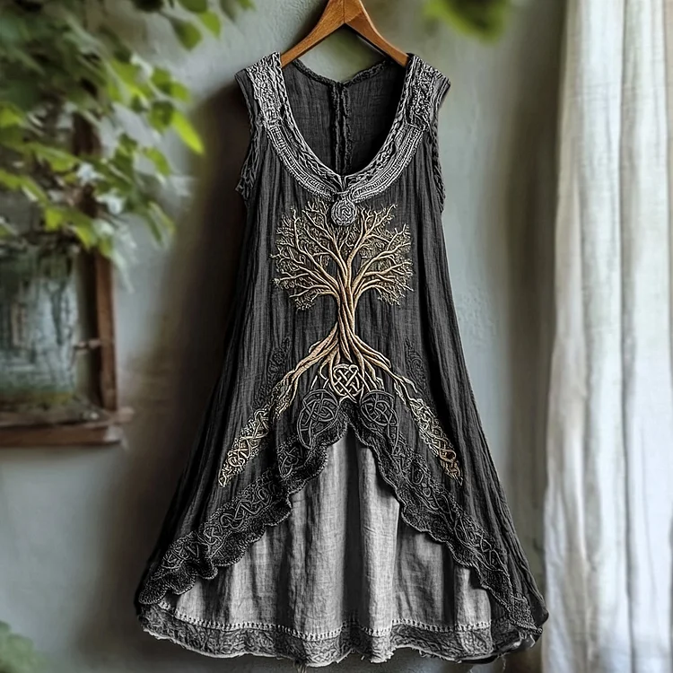 VChics Tribal Viking Life Of Tree Celtic Knot Lace Art Linen Tank Dress