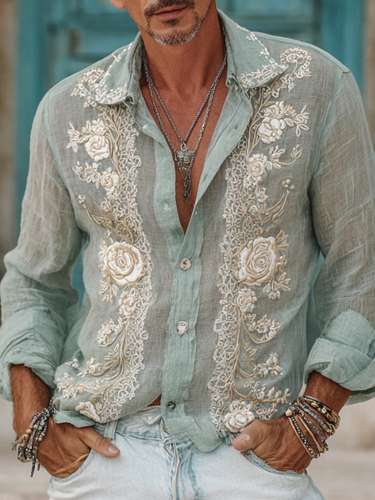 Comstylish Men's Vintage Floral Embossed Comfort Linen Shirt