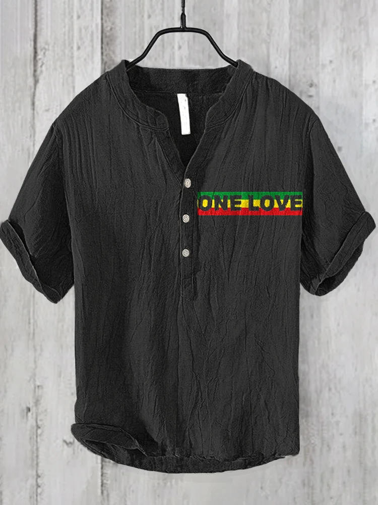 Reggae One Love Print Linen Blend Casual Shirt
