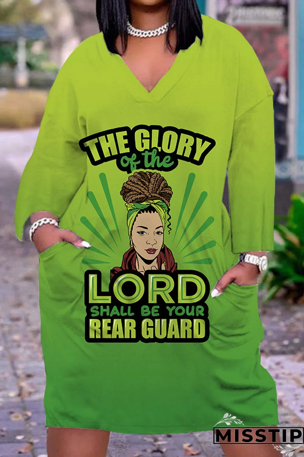 Green Yellow Casual Print Patchwork V Neck Straight Dresses