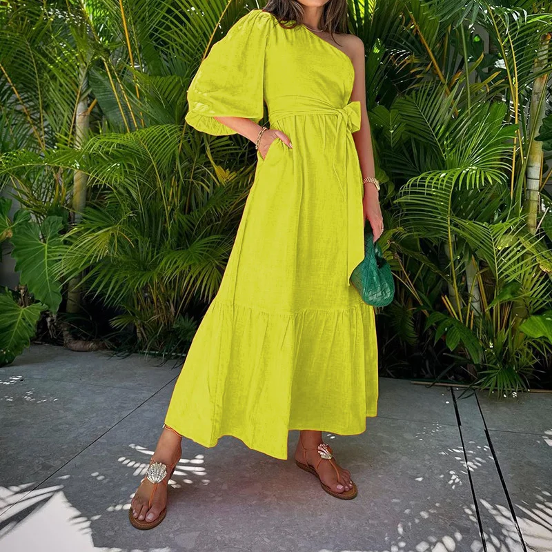 Toloer Toloer Spot 2024 Spring New Women's Fashion Temperament Inclined Shoulder Long Cotton And Linen Dress-Outfit Ideas