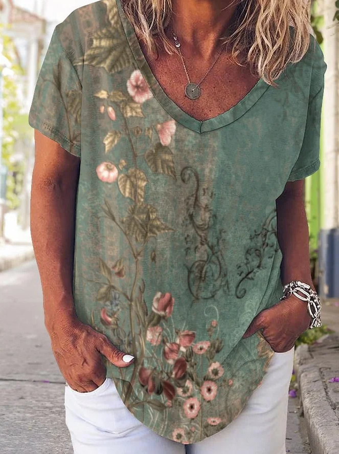 Nature Floral Printed V-neck Women's T-shirt