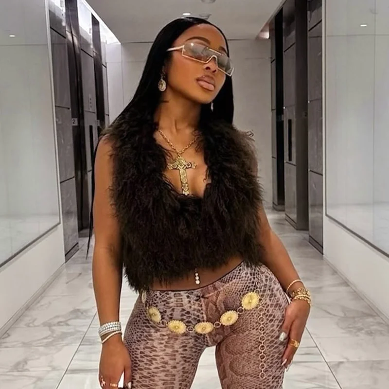 Uveng Uveng Women's Autumn And Winter Hair Hanging Neck Vest Deep V Collar Bare Back Rope Umbilly Blouse T-Shirt