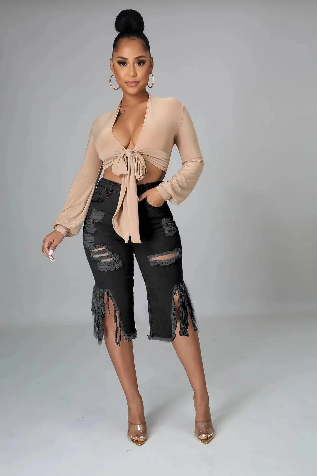 Women's Tassel Distressed Stretch Cropped Jeans Mid Pant
