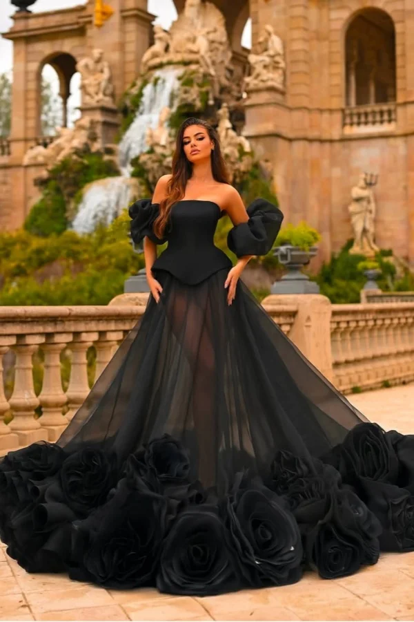 Elegant Black Straight Across Handmade Flower A-Line Tulle Prom Dress YK0125