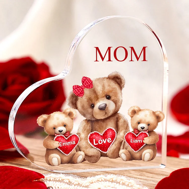2 Names - Personalized Acrylic Heart Keepsake Custom Texts Teddy Bear Ornaments Gifts for Grandma/Mother
