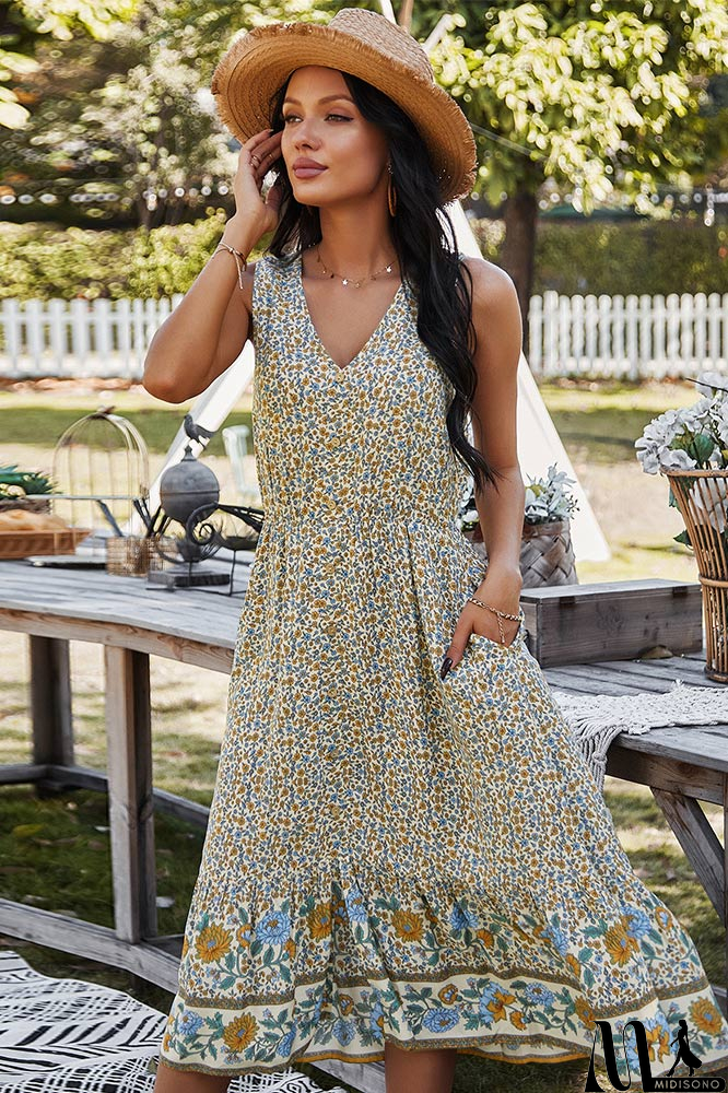 MidiSono - Bohemian V-Neck Printed Gathered Waist Midi Dress