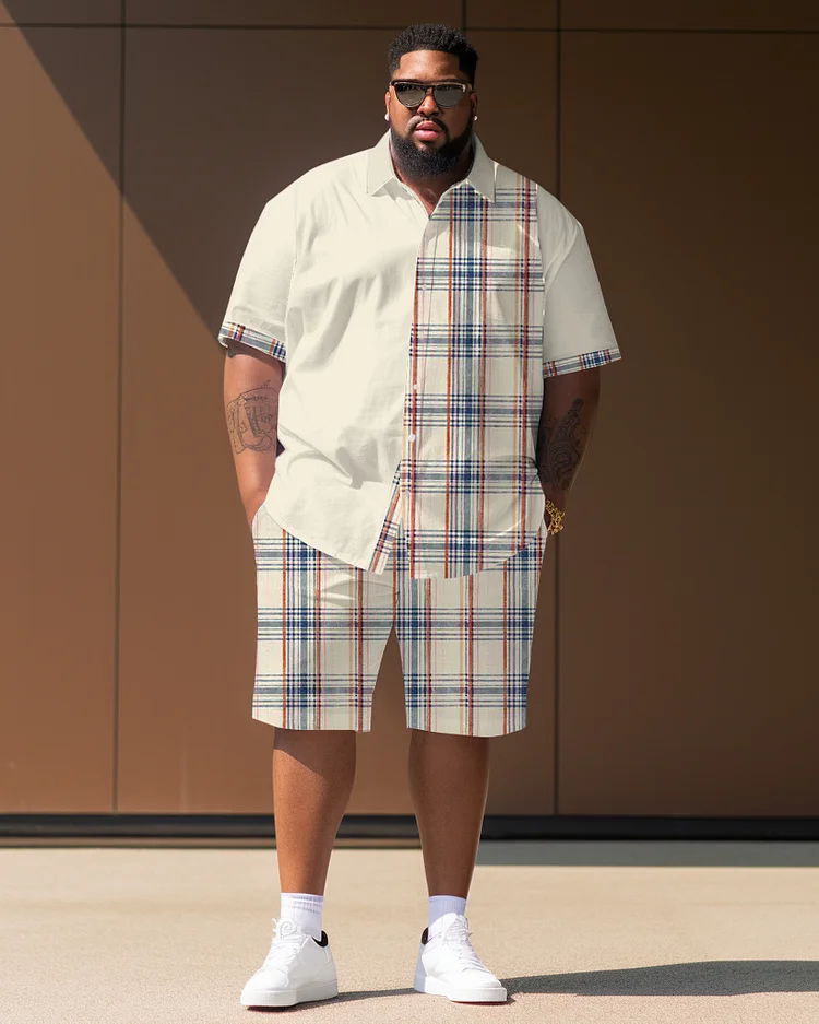 Men's Plus Size Plaid Short Sleeve Shirt Shorts Set