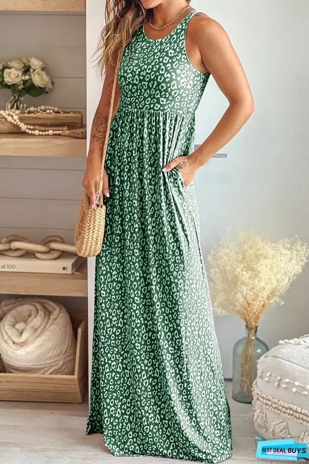 Leopard Round Neck Sleeveless Maxi Dress