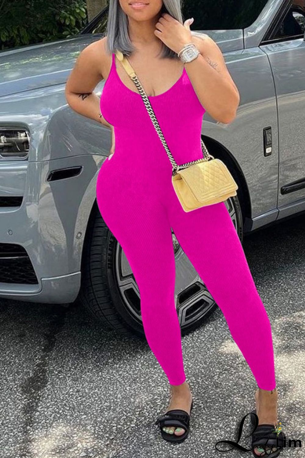 Grey Sexy Casual Sportswear Solid Backless Spaghetti Strap Skinny Jumpsuits