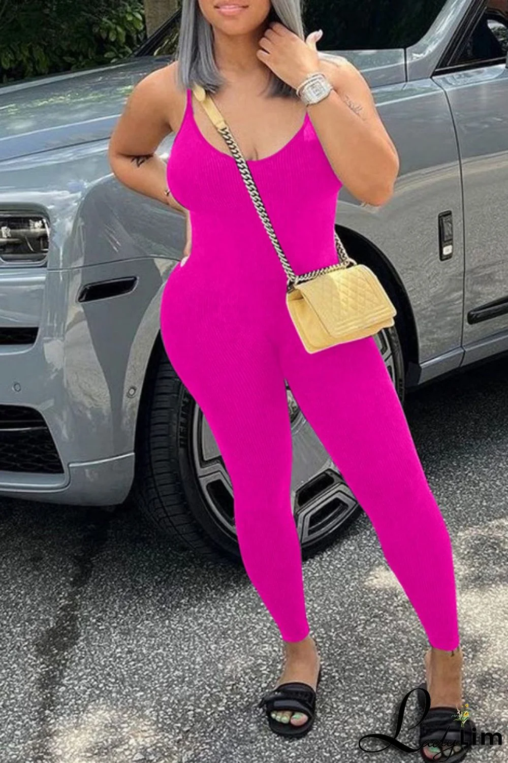 Grey Sexy Casual Sportswear Solid Backless Spaghetti Strap Skinny Jumpsuits