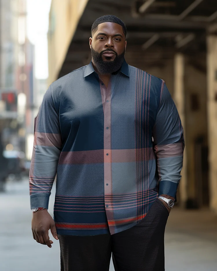 Men's Plus Size Blue Color Block Check Long Sleeve Lapel Long Sleeve Shirt