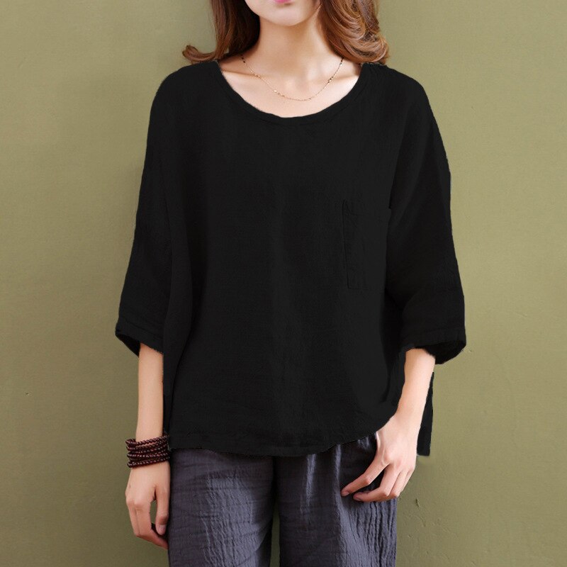 Women's Casual Cotton Loose Round Neck T-shirt