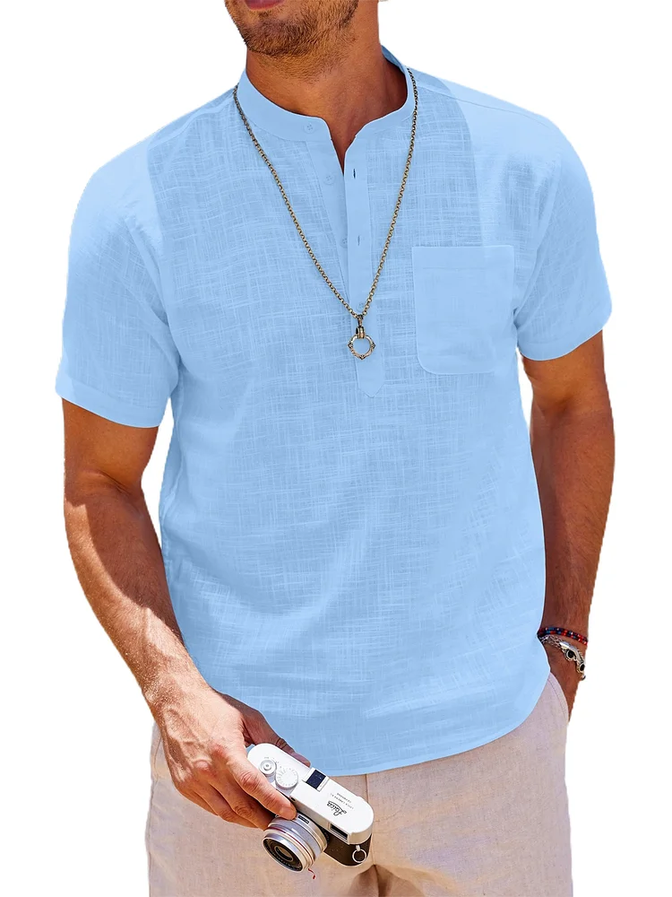 Men's Stand Collar Pocket Basic Casual Short Sleeved Shirt