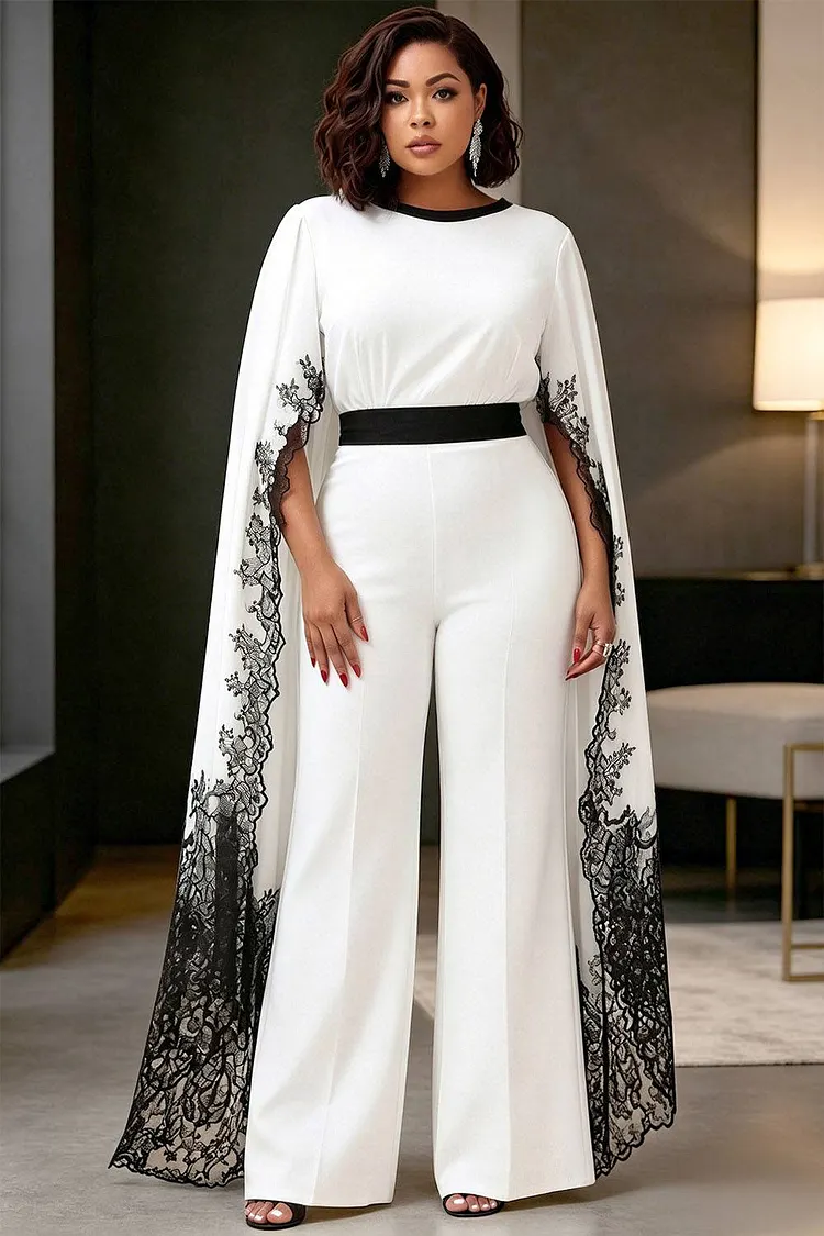 Xpluswear Design Plus Size Formal White Round Neck Cape Sleeve Wide Leg Contrast Jumpsuits [Pre-Order] 2024 - Xpluswear