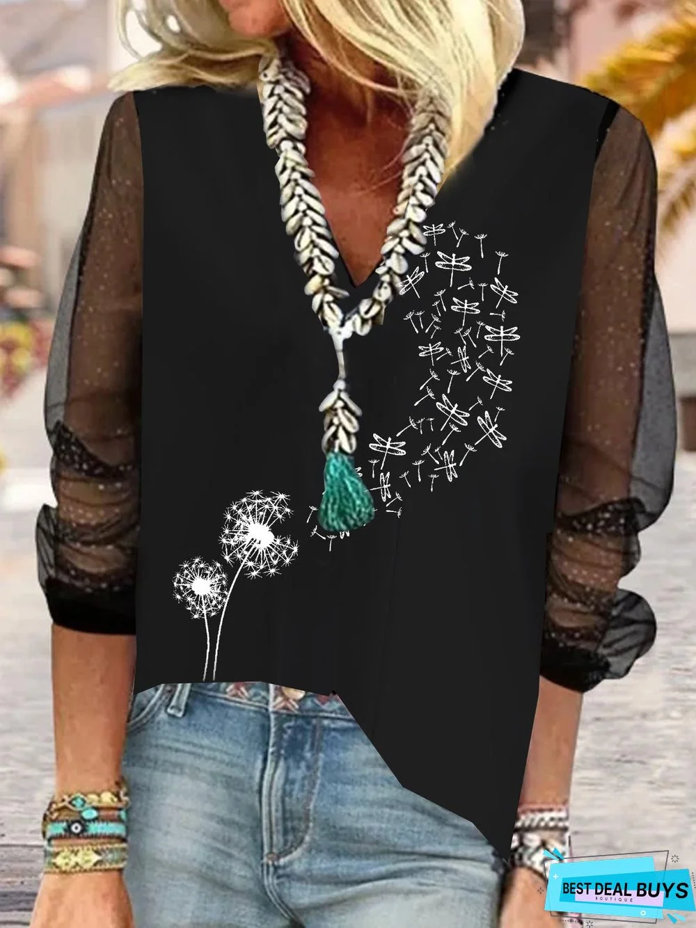 V Neck Dandelion Printed Loose Splicing Mesh Casual Top