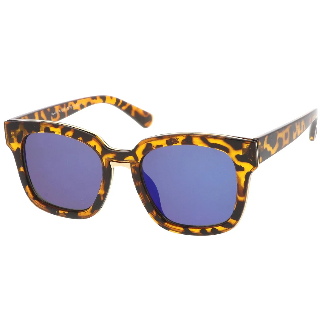 Modern Metal Trim Bridge Square Mirror Flat Lens Horn Rimmed glasses 50mm