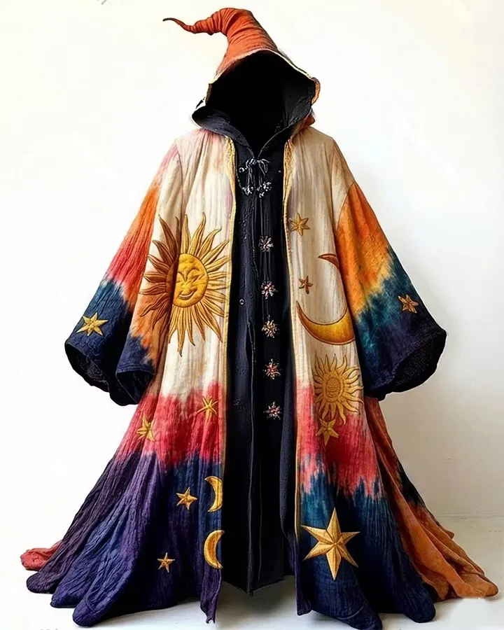 Men's Fashion Star and Moon Embroidered Linen Gradient Hooded Cape  5184