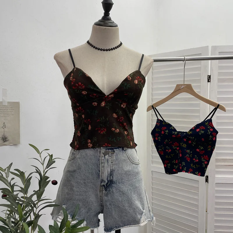 Uveng Real Shooting Hottie Deep V-Neck Broken Flower Short-Sized Hong Kong Wind Sling Female Wear With Chest Cushion Small Waistcoat Sleeveless Top 1727