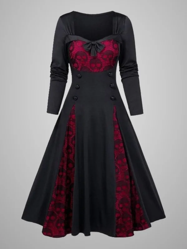 Skull Lace Paneled Color Block Button Decoration Long Sleeve Swing Dress