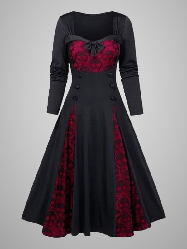 Skull Lace Paneled Color Block Button Decoration Long Sleeve Swing Dress