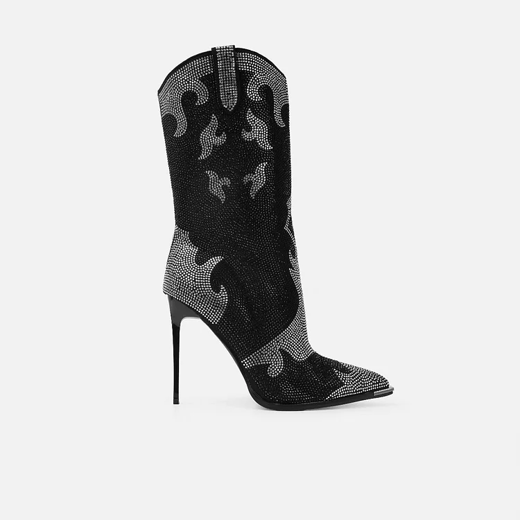 Black Pointy Stiletto Heel Rhinestones Shoe Elegant Mid Calf Booties |FSJ Shoes