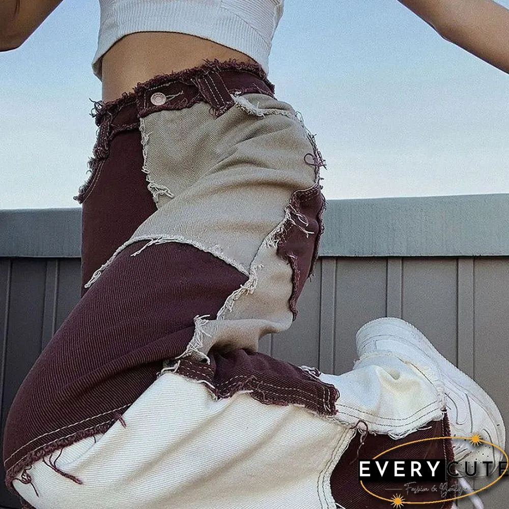 Patchwork Stitch Color Block Slim Fit Straight Leg Jeans Ripped Denim Pants