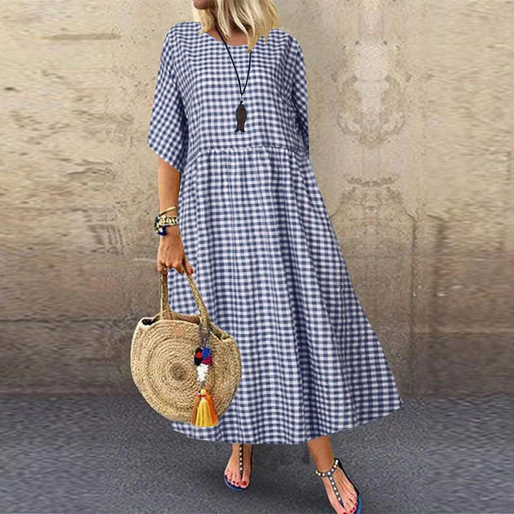 Plaid Casual Short-sleeved Round Neck Maxi Dress