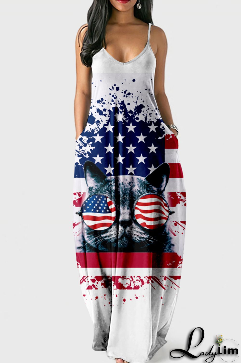 White Blue Fashion Sexy Print Backless Spaghetti Strap Long Dress