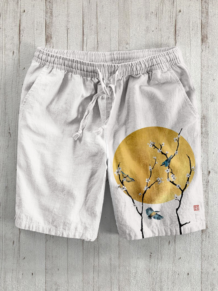 Japanese Golden Moon Cherry Blossom Art Linen Blend Shorts
