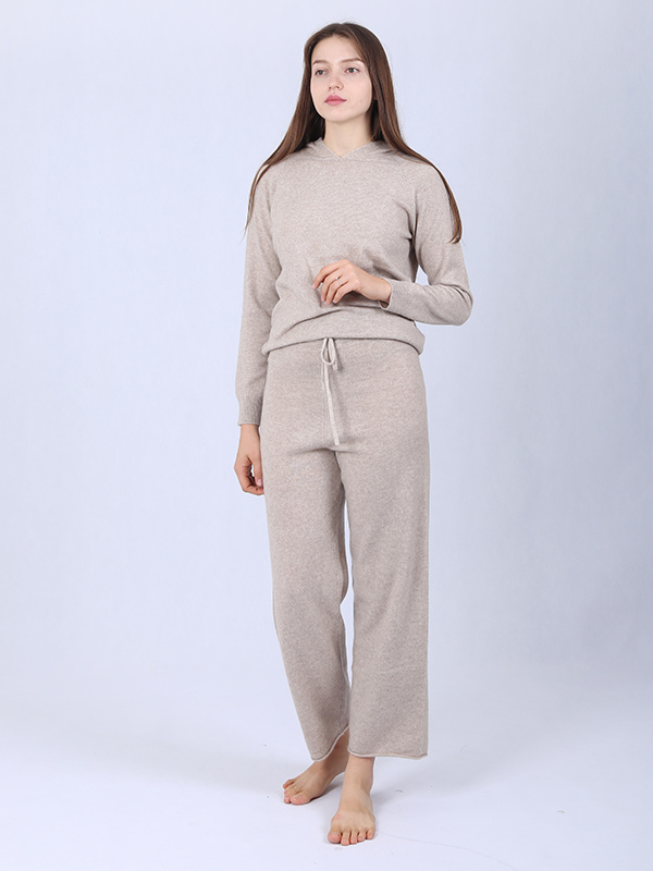Casual Loose Hooded Cashmere Tracksuit For Women-Beige-Real Silk Life