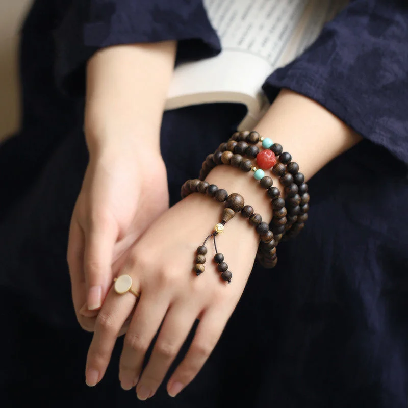 108 Mala Beads Agarwood Red Agate Turquoise Peace Meditation Necklace Bracelet