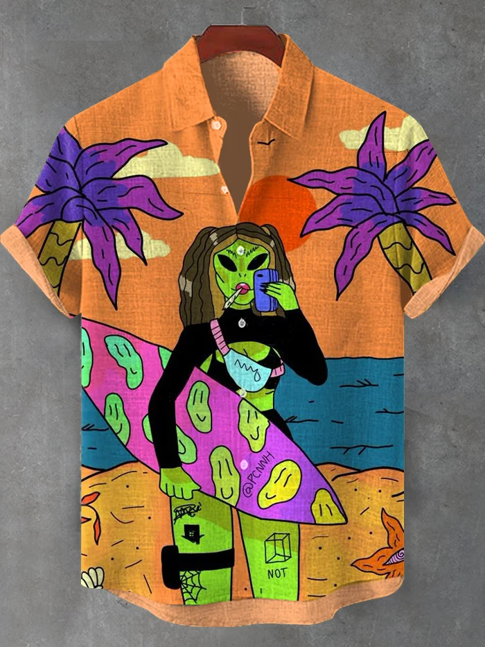 Men's Vacation Beach Alien Surfing Print Shirt