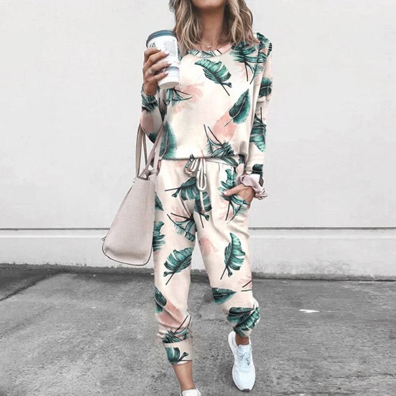Autumn Winter 2020 New Women's Print Leisure Two Piece Suit Home Loose Sports Fashion Leisure Suit Fashion Top And Pants S-3XL